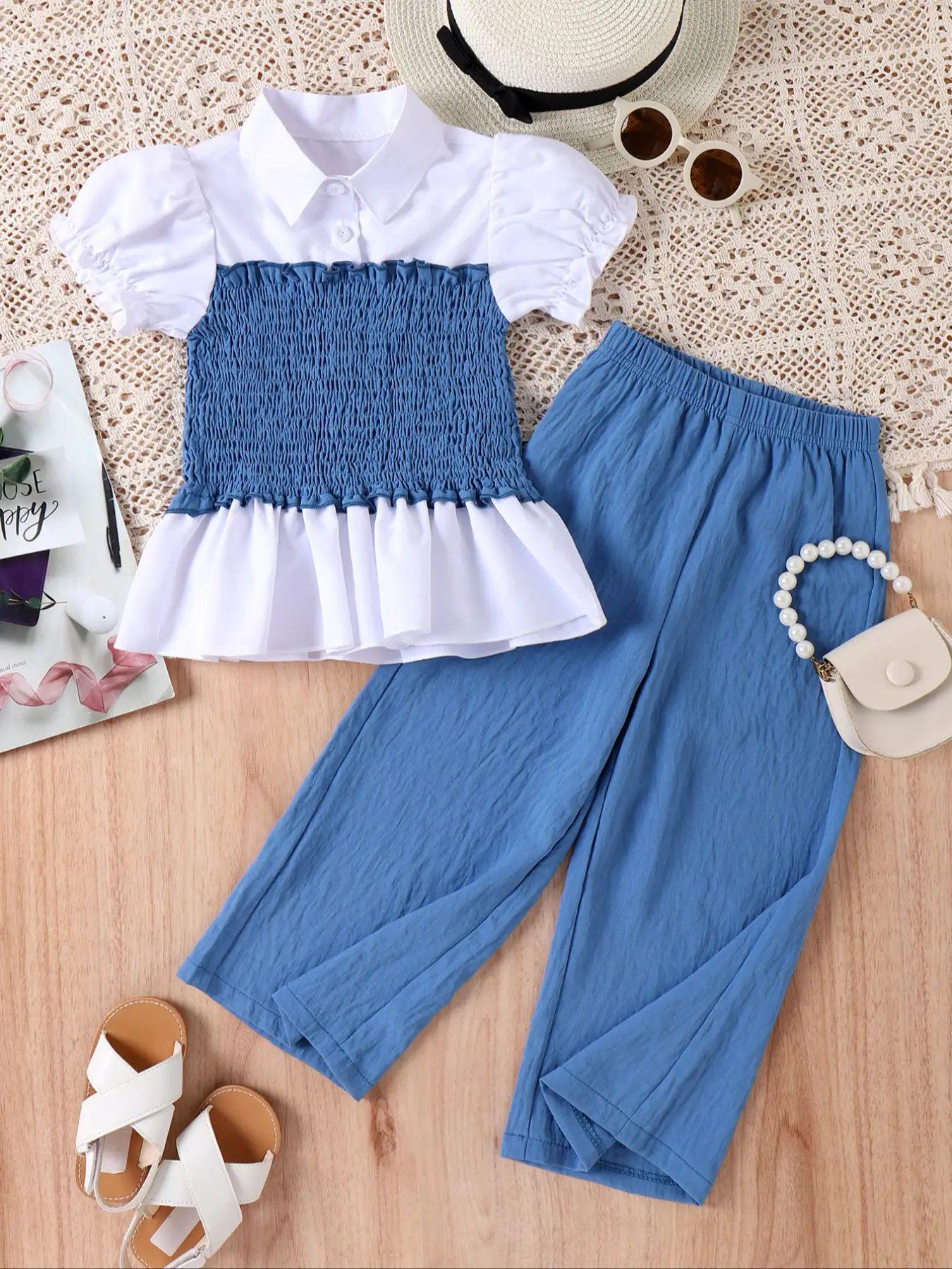 

Summer Girls Smocked Top & Wide-Leg Pants Set - European & American Style 2-3Y/90cm