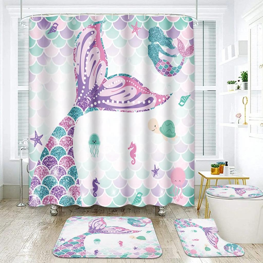 Mermaid Shower Curtain Set With Non-Slip Rugs Toilet Lid Cover Bath Mat Kids Ocean Coral Starfish Bathroom Shower Curtains Set