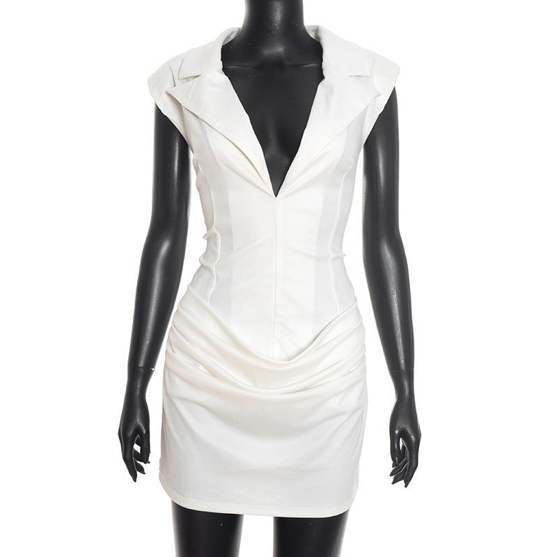 C25DS419 Women s Deep V-Neck Solid Color Pleated Bodycon Mini Dress - Autumn/Winter Style White