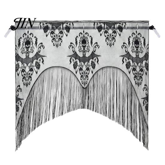 Lightweight Sheer Valance Halloween Spooky Window Valance, Skull And Bat Pattern Lace Curtain, Retro Gothic Light Filtering Curtain for Living чёрный
