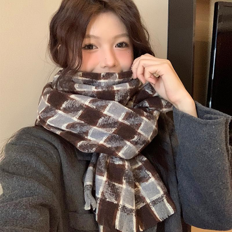 Temperament Houndstooth Plaid Scarf Winter Girls New High End Korean Style Shawl Scarf Couple Style Men