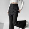 Lace Patchwork Two-Piece Look Micro-Flare Pants for Women - Black High-Waisted Slimming Body-Shaping Trousers, Spring 2026 Arrival