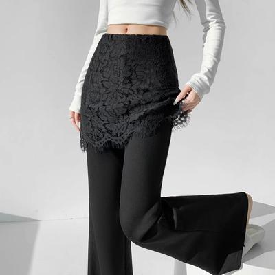 Lace Patchwork Two-Piece Look Micro-Flare Pants for Women - Black High-Waisted Slimming Body-Shaping Trousers, Spring 2026 Arrival