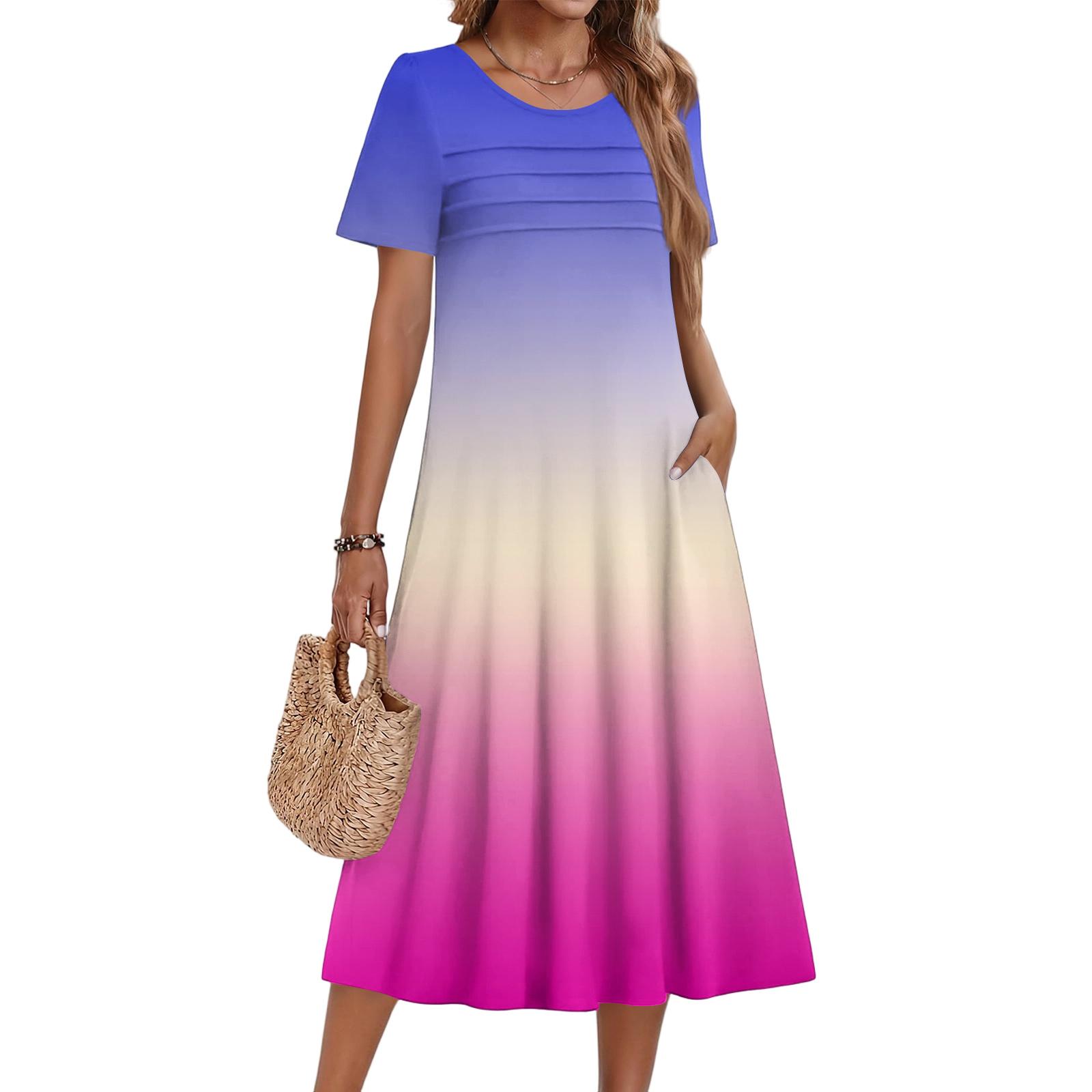 Ladies  Gradient Printed Casual And Fashionable Short Sleeved Round Neck Dress M