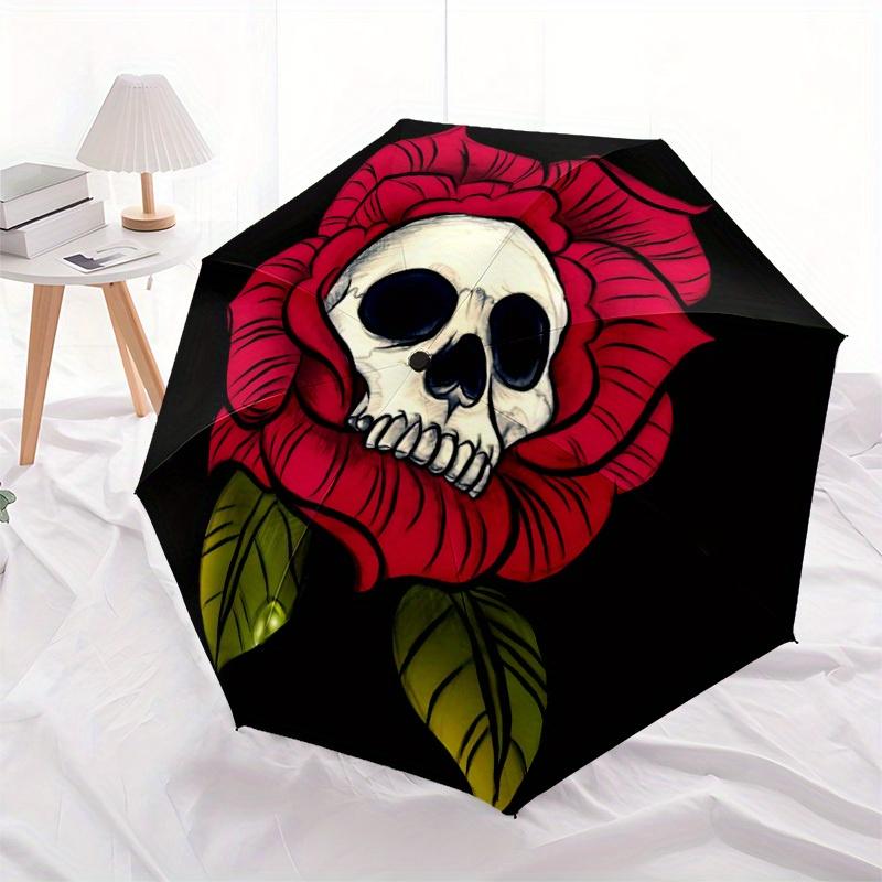 1pc Skull Rose Automatic Open/Close Umbrella, Portable Folding Umbrella for Travel, Themed Events, It Is Suitable As a Gift for Various Festivals, Out
