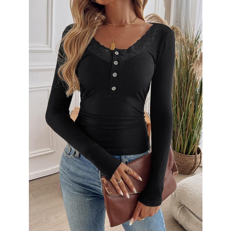 Women's Y2K Temperament Threaded Button Lace U Neck Knit Long Sleeve Top