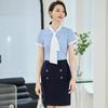 Tromen Women's Blue Stripe Short Sleeve Bow Tie Blouse