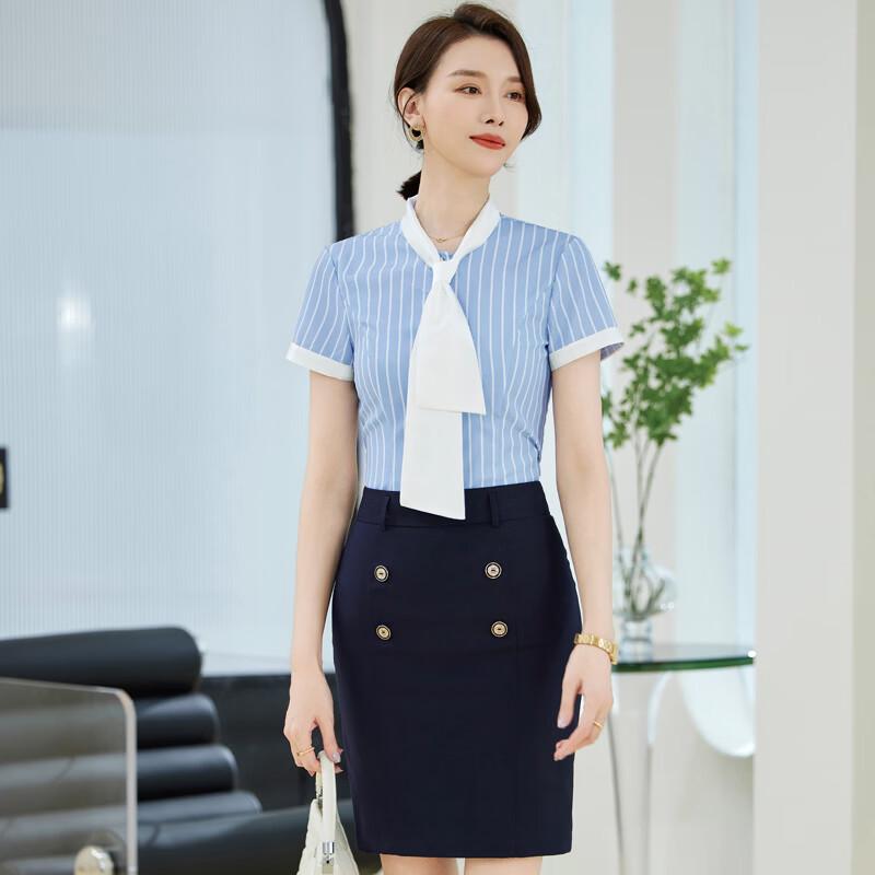 Tromen Women's Blue Stripe Short Sleeve Bow Tie Blouse