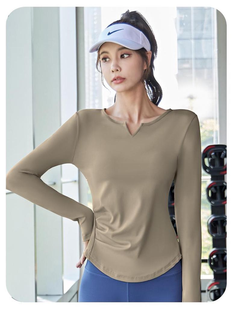 Juyi Hall Solid V-Neck Ruched Long Sleeve Women's Bodycon Yoga Top