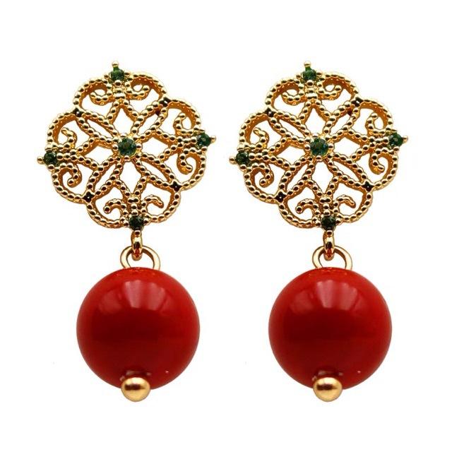 14K gold-wrapped hollow lace diamond stud earrings cinnabar red festive temperament high-end earrings earrings pendant earrings tide One size