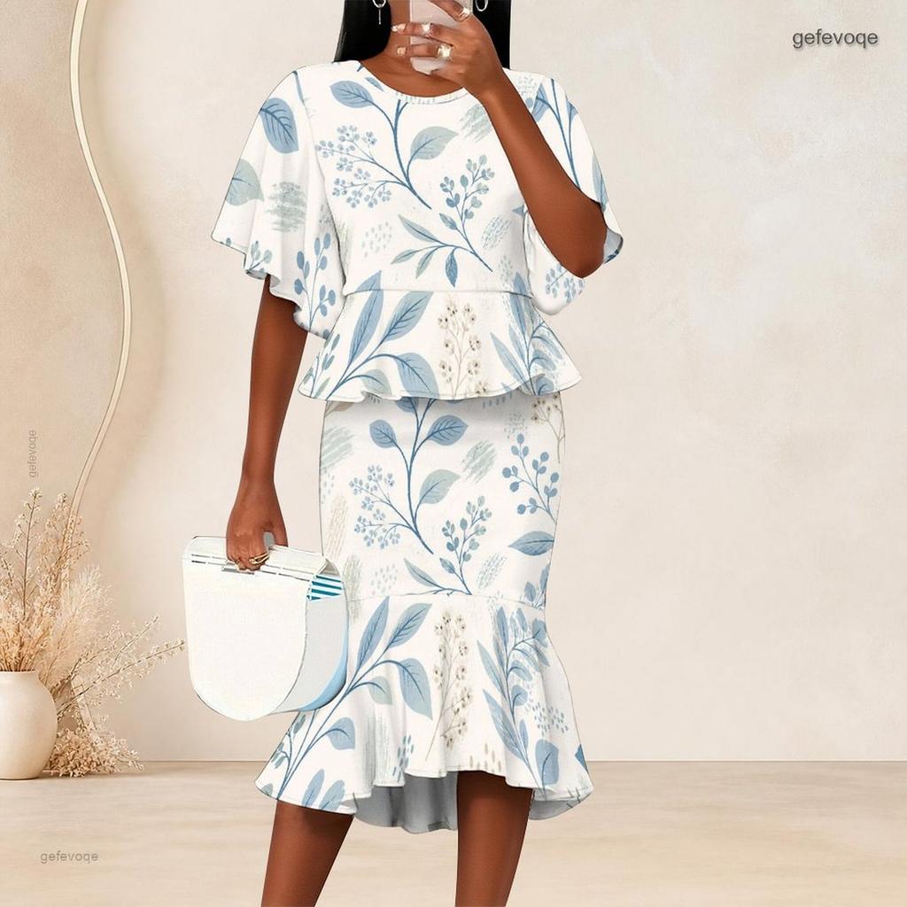 Women Plus Size Two Piece Set Crewneck Batwing Sleeve Printed Ruffle Hem Top Fishtail Skirt