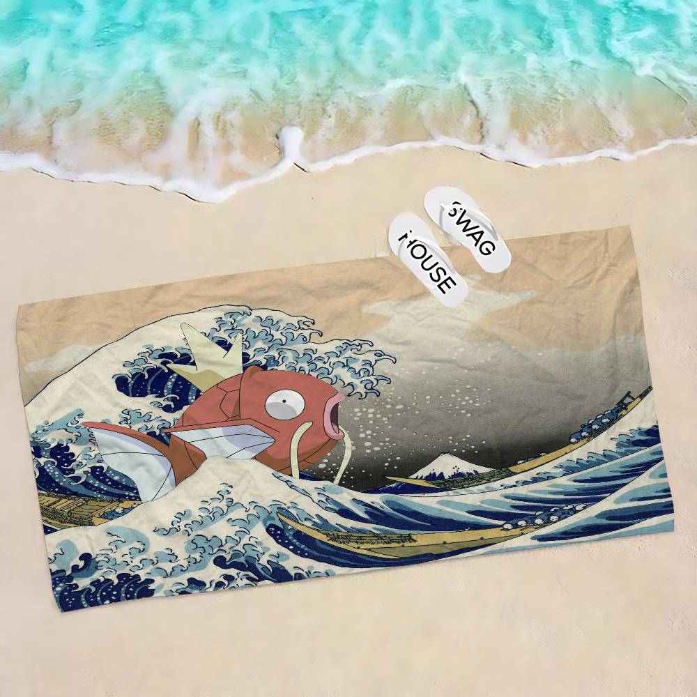 Japanese Wave Art Bath Towel Microfiber Soft Water Absorbing Breathable For Girl Kids Decorative Cartoon Beach Towel