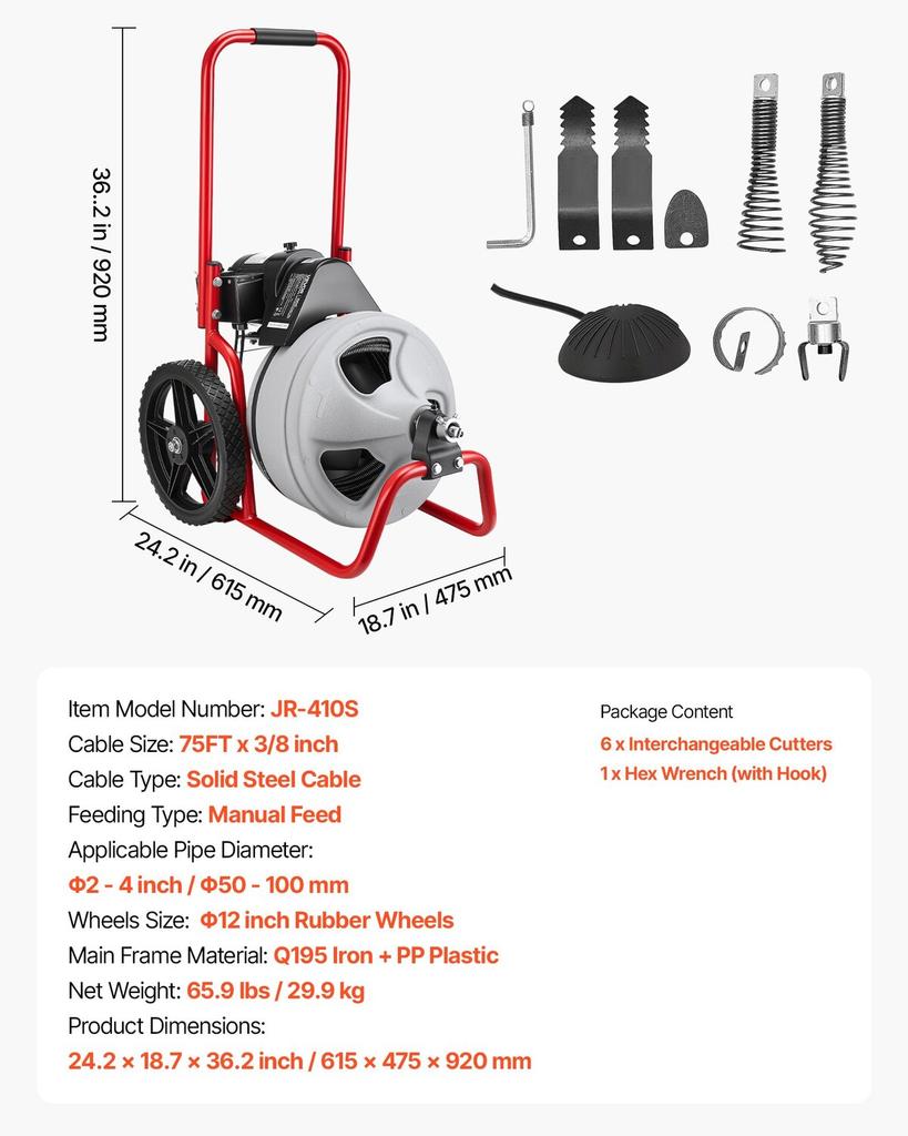 Drain Cleaner Machine 22m x 9.5mm, Sewer Snake Auger Manual Feed on Wheels, Portable Drain Cleaning Machine with 6 Cutters & Air-activated Foot Switch