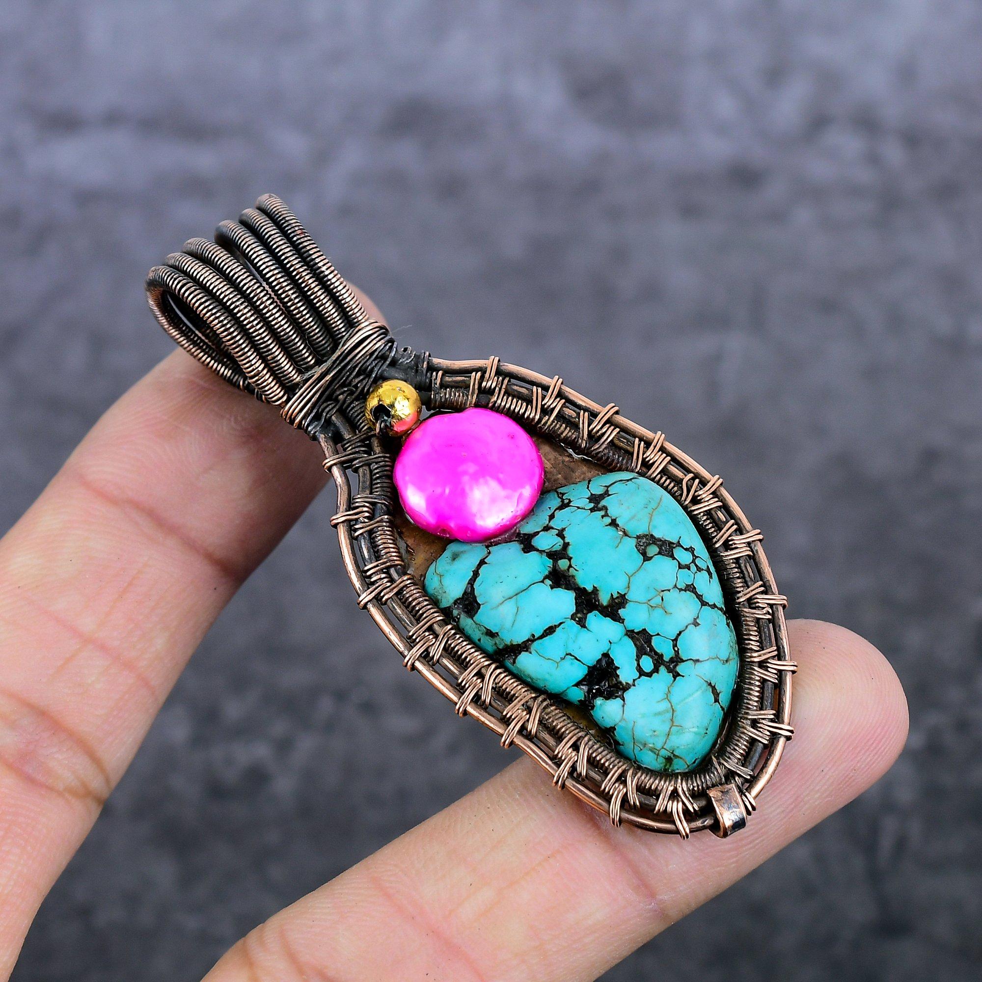 

Tibetan Turquoise, Shell Handmade Copper Wire Wrap Jewelry Pendant 2.84 u5m57