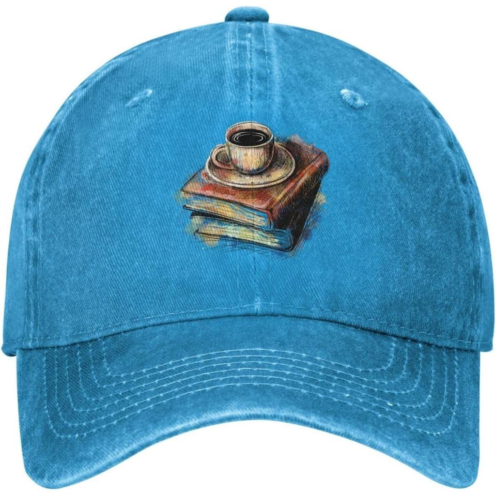 Casquette de Baseball Café et Livres Style Denim Lavé Vintage Casquette Dad Réglable Unisexe Décontractée