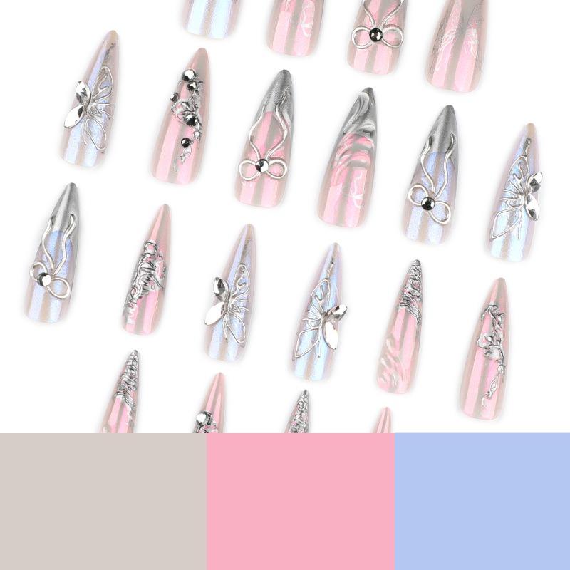 Super Long Pointed Wearing Nail Nail Piece Magic Mirror Powder Pearlescent Nail Art Fake Nail 3D Hot Silver Nail Piece Finished Product Wholesale