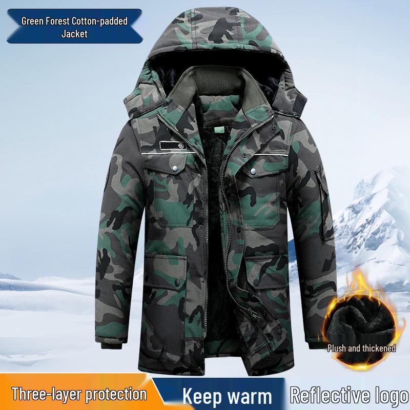 Men's Mid-Length Camouflage Cotton Jacket: Thick, Waterproof, Cold-Proof with Fleece Lining & Reflective Strips for Winter Workwear