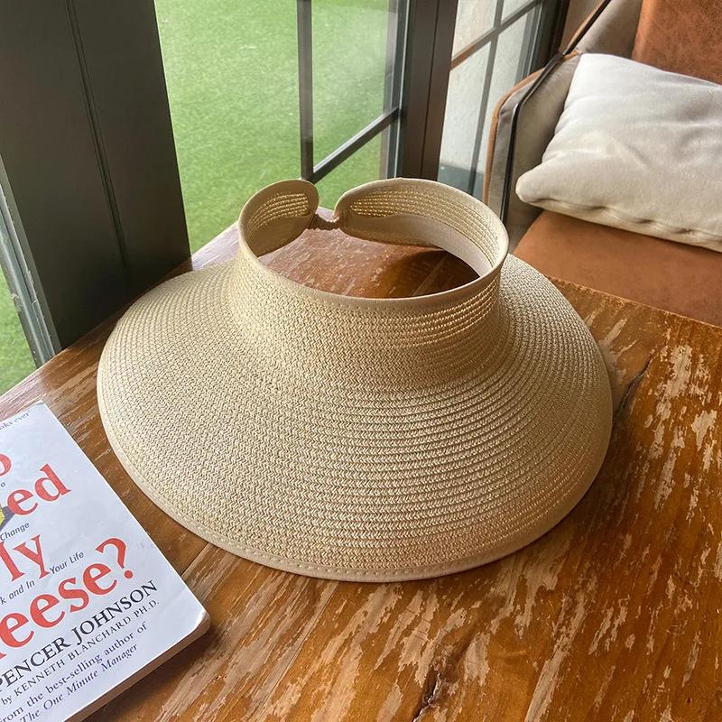 2022 Summer Foldable Women Straw Hats Solid Color Outdoor Breathable Empty Top Uv Protection Sun Hat Roll-Up Portable Beach Caps