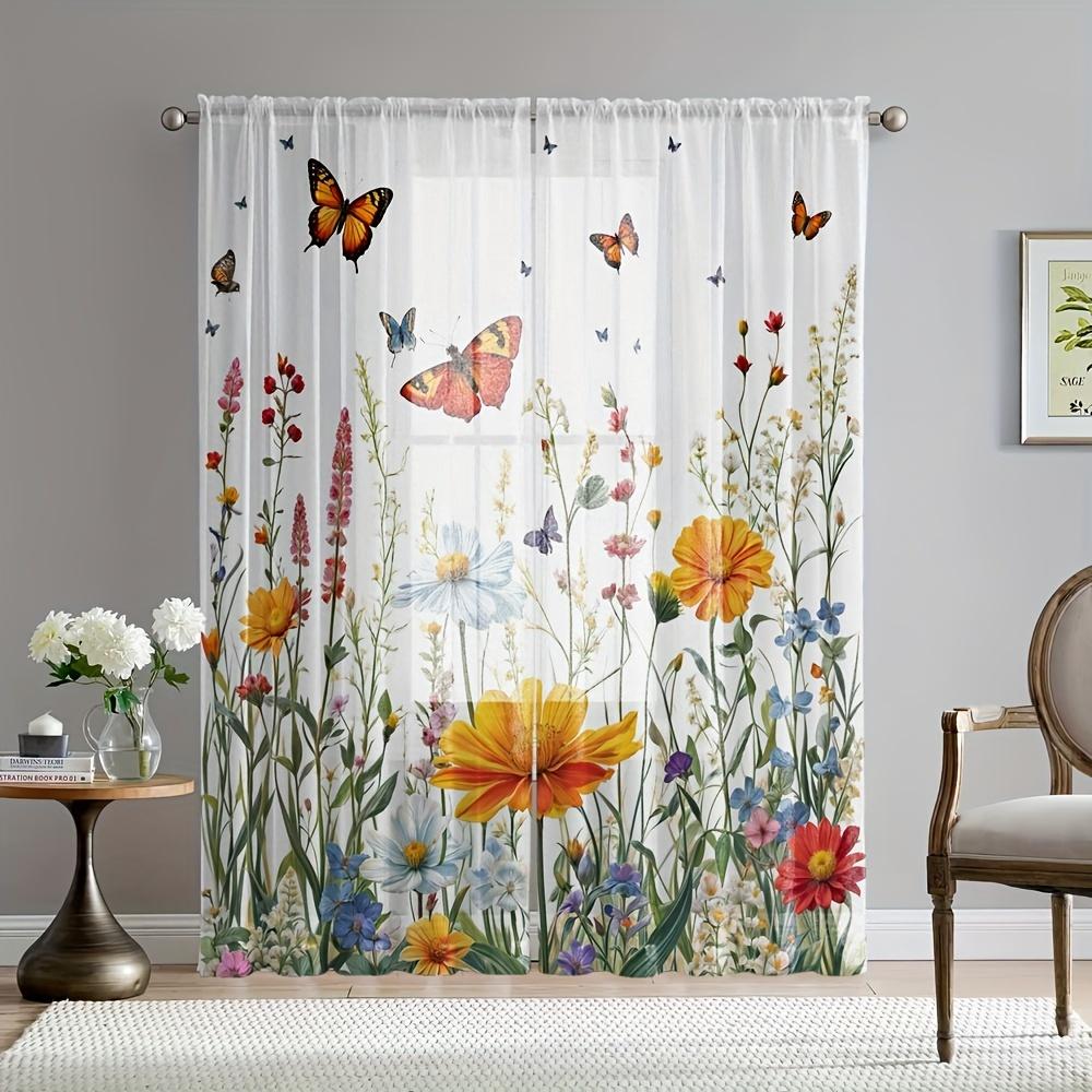 2 Stück Blumige Schmetterling-Gardinen Gelbe Blüten Stangentasche Leichte Polyester für Wohnzimmer Schlafzimmer Sichtschutzvorhang
