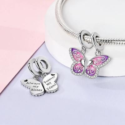 Charms Copperplated Pink Purple Butterfly-Shaped Pendants Fit Charms Original Bracelet Beads Women Jewellery Making Diy