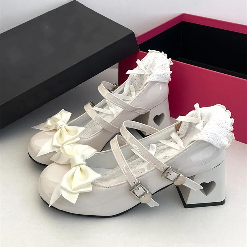 Pink Mary Jane Shoes Women 2024 Summer Japanese Style Girls Low Heel Lolita Shoes Woman Silk Bowtie Ankle Straps Party Shoes