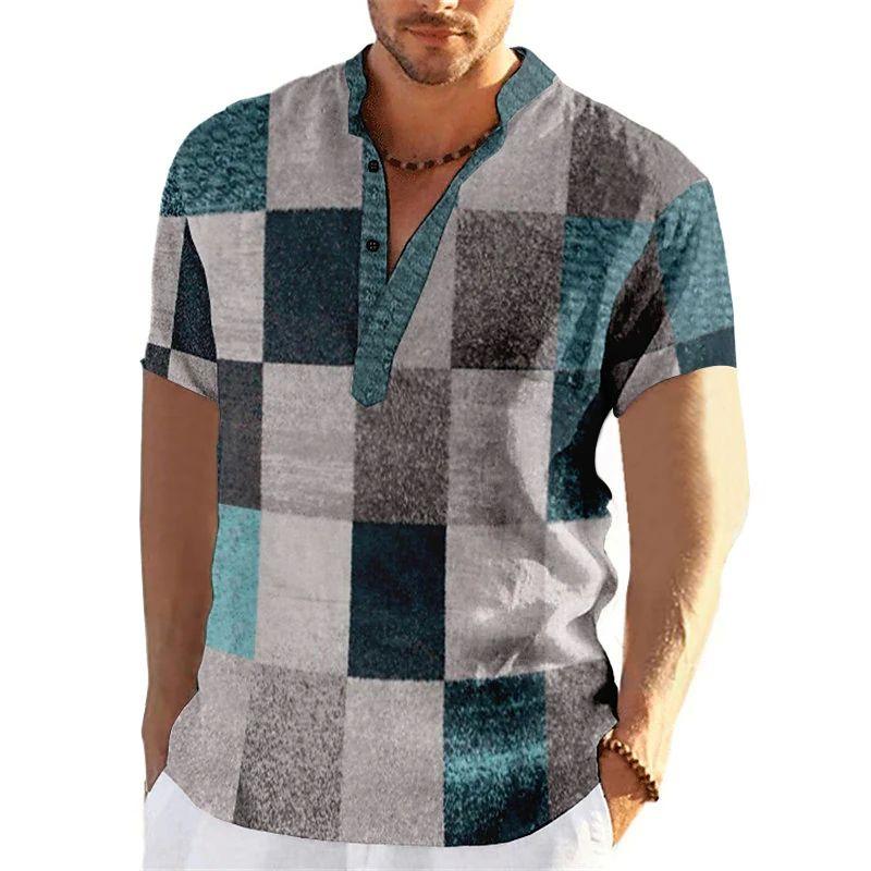 Vintage Men'S 3D Faion Patchwork Printed Irt Oversized Autumn Collar Fce Lined Thiened Nine-Quarter Sve