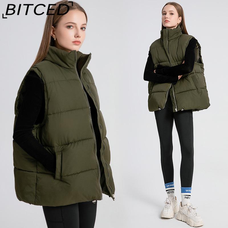 BITCED Women's Autumn/Winter Sleeveless Cotton Coat Mid-Length Stand Collar Thermal Down-Filled Cotton Vest Thickened Waistcoat Outerwear