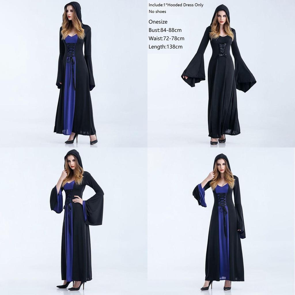 Enchanting Women Gothic Hooded Witch Wizard Dress With Flared Sleeves And Lace Up Design