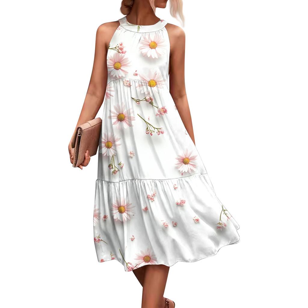 Women's Summer Sleeveless Valentine's Day Printed Loose Splicing Casual Hanging Neck Beach Dresses
