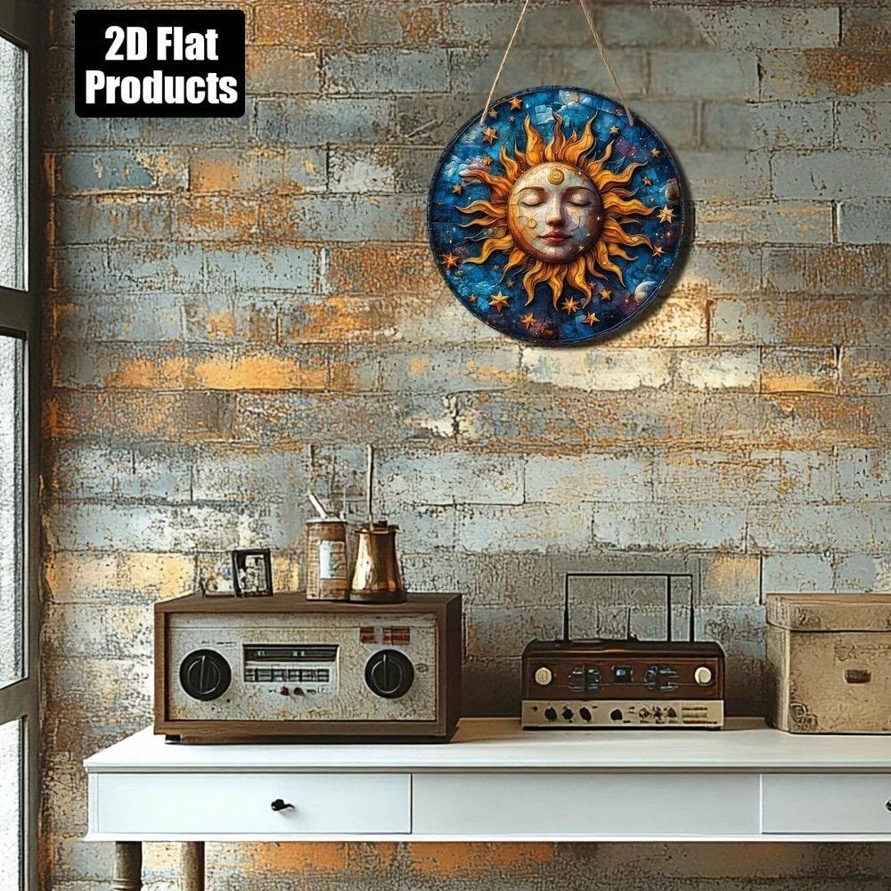 Iron Sheet Art Abstract Sun Moon Round Wall Decor 8x8 Inches 2D Flat Metal Painting Home