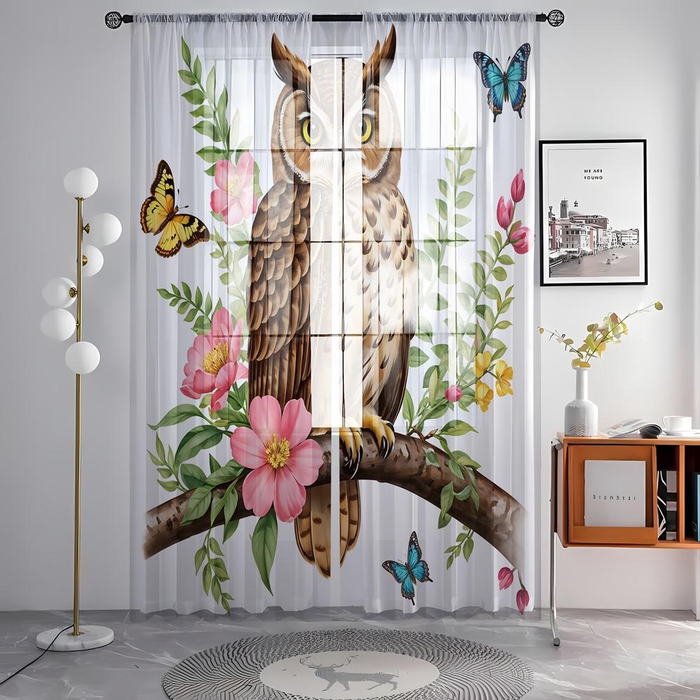 2 Pieces HD Digital Woodland Owl Printed Window Valance Home Decorating Style Decorating Living Room Bedroom Rodding Curtain Eff
