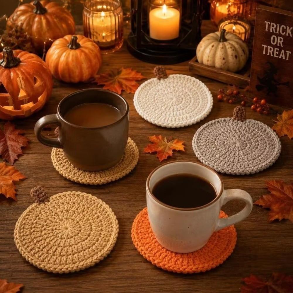 Handmade Knit Cup Mats Crochet Coffee Mugs Mats Cute Pumpkin Coasters Fall Table Decor