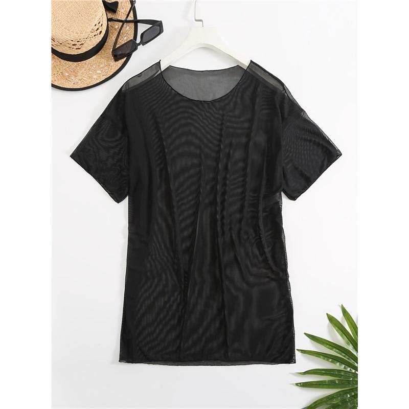 Solid Color Sexy Sheer Mesh Women's Swimsuit Cover-Up | Short Sleeve Beach Dress with High Elasticity, All-Season Stretchy
