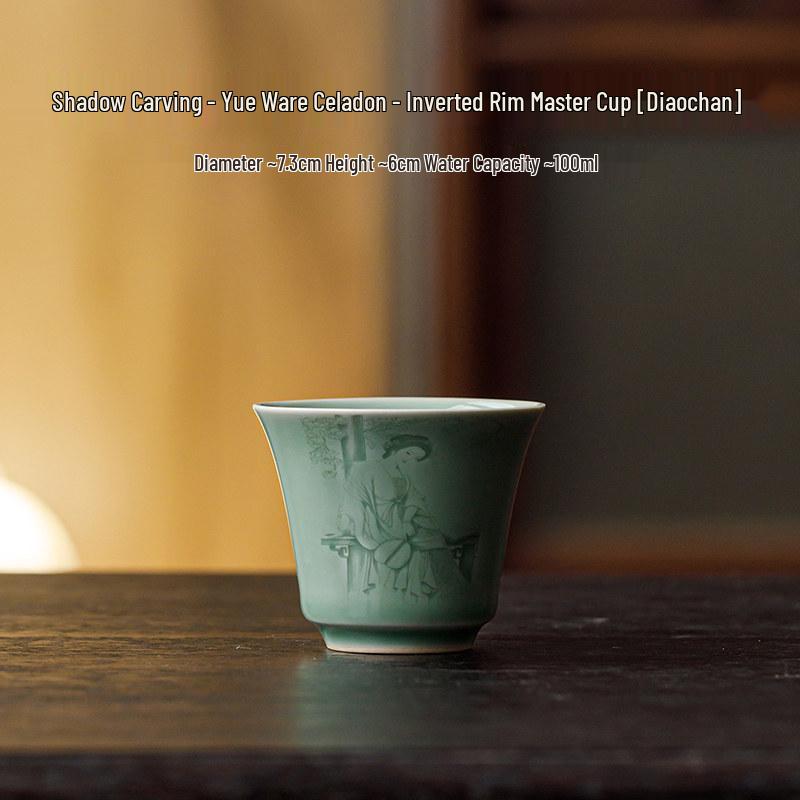 Guanlan Yue Celadon Four Beauties Tea Cup: Ceramic Shadow Carved Personal Tasting Cup