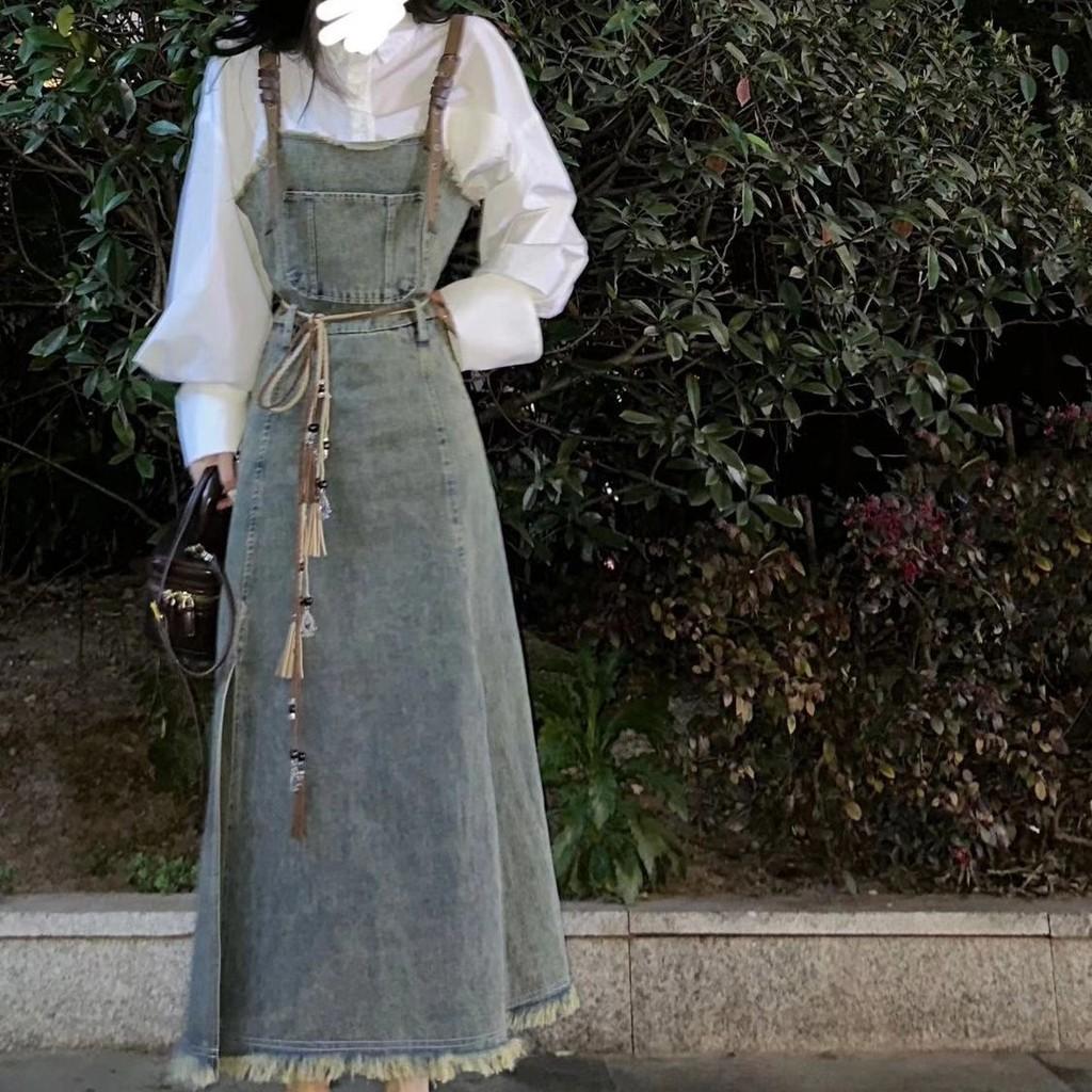Denim Overall Dress For Women Summer Water Wash Slim Fit With Waist Tie For Casual And Travel