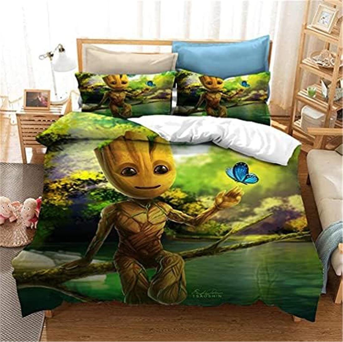 

Anime children s Quilt Cover Set, 3D Groot Bedding Duvet Cover Set with Zipper for Kids Boys Soft Microfiber 3 Piece Set 135x200cm