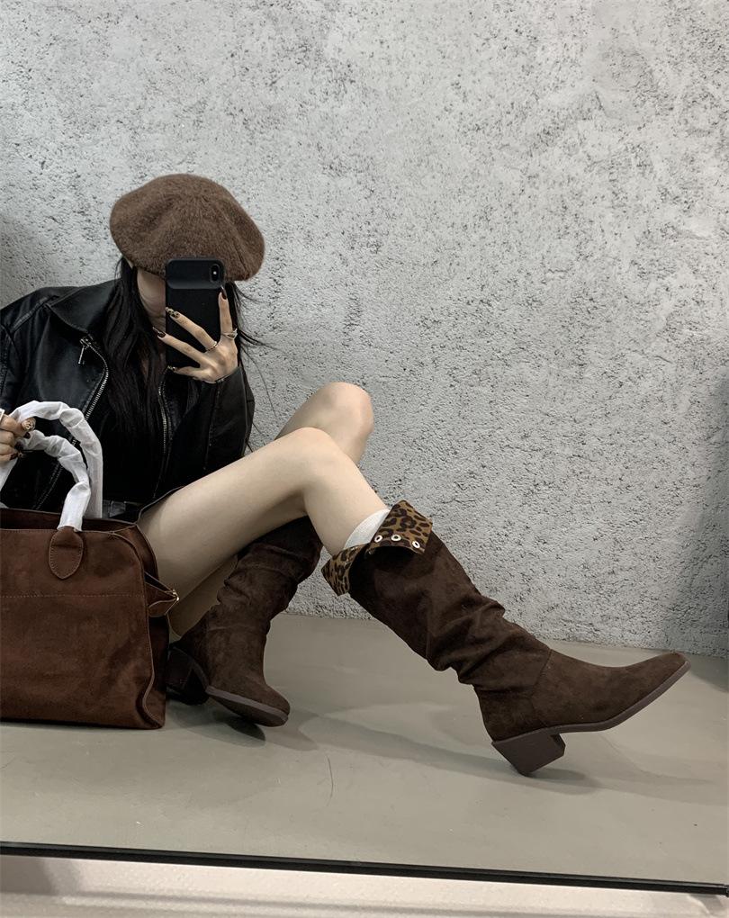 Pointed Boots 2025 Autumn and Winter New Women's Boots Thick Heel Short Boots Two Wear Pleated Piled Boots But Knee Boots