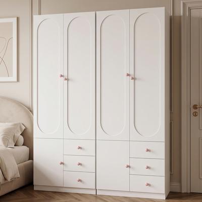 Two-door Wardrobe with Drawers, Cabinet for Bedroom, with Clothes Rail, Pink Ceramic Handles, White, Lacquer Finish, 50 X 80 X 200 Cm, Set of 2