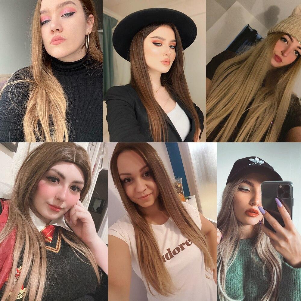 HAIRCUBE Long Straight Brown Ombre Natural Hair Wigs Middle Part Heat Resistant Synthetic Wigs for Afro Women Daily Cosplay Fashion Wigs