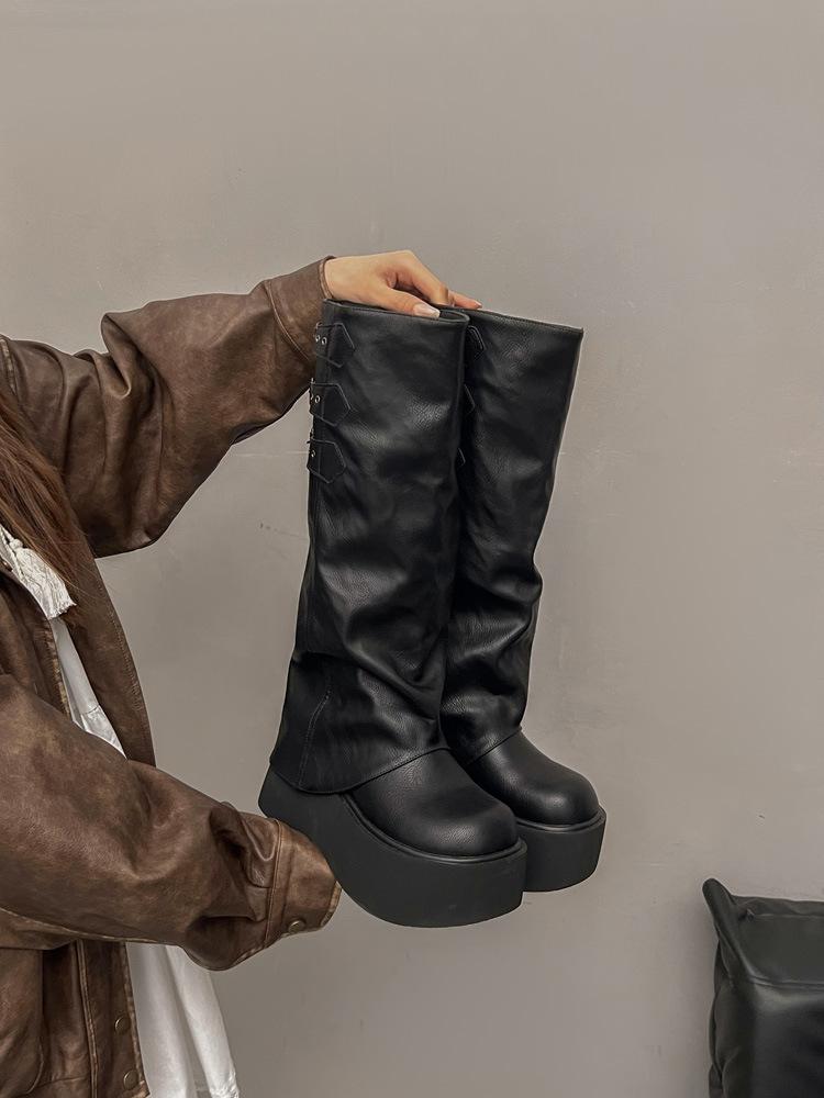 

Брюки в стиле ретро на толстой подошве, длинные сапоги-трубы, женская обувь, новые осенне-зимние сапоги коричневого цвета с ворсом, средние сапоги-трубы, длинные сапоги 38