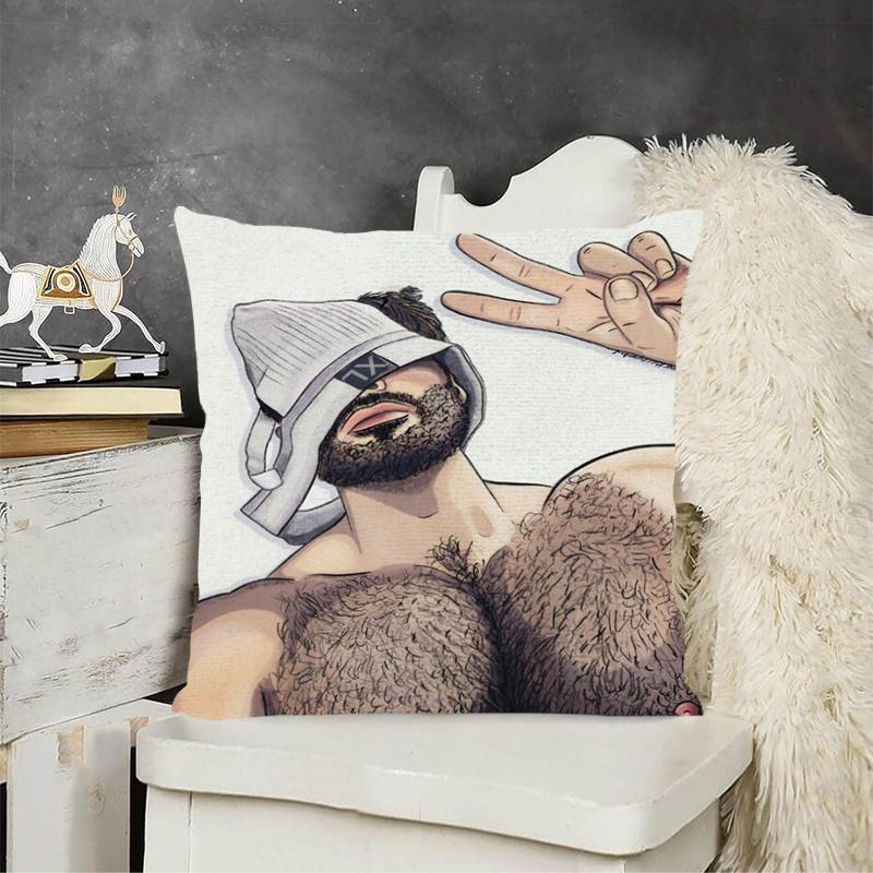 1Pc Cool Cartoon Man Pillow Cover, Polyester 2D Double-Sided Print, Bearded Figure & Peace Sign Design, Decor For Sofa & Couch,