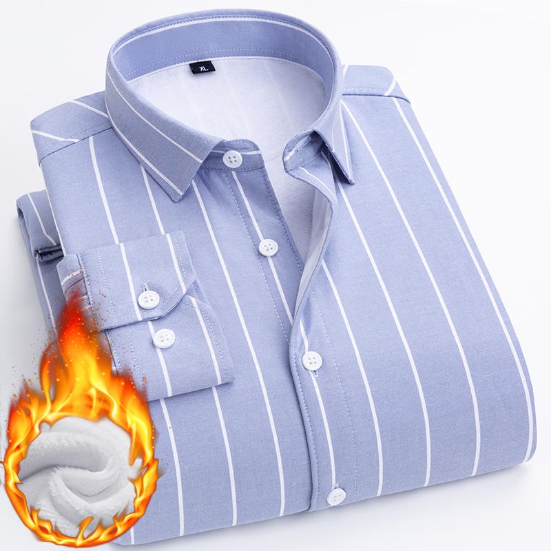 Winter Men's Warm Shirt Long Sleeve Cotton Fleece Thickened Casual Middle-aged Striped Shirt Top
