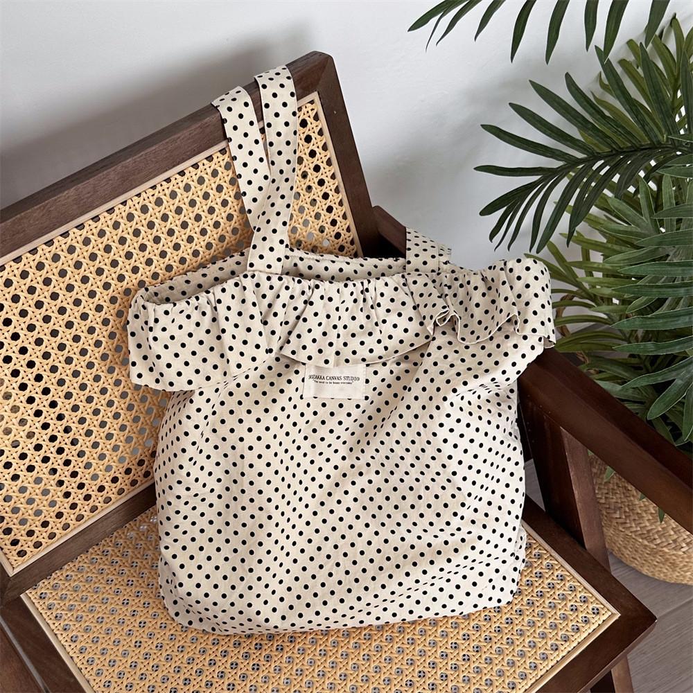 Stylish Korean Ins Polka Dot Lace Canvas Tote Bag For Women With Large Capacity Beige