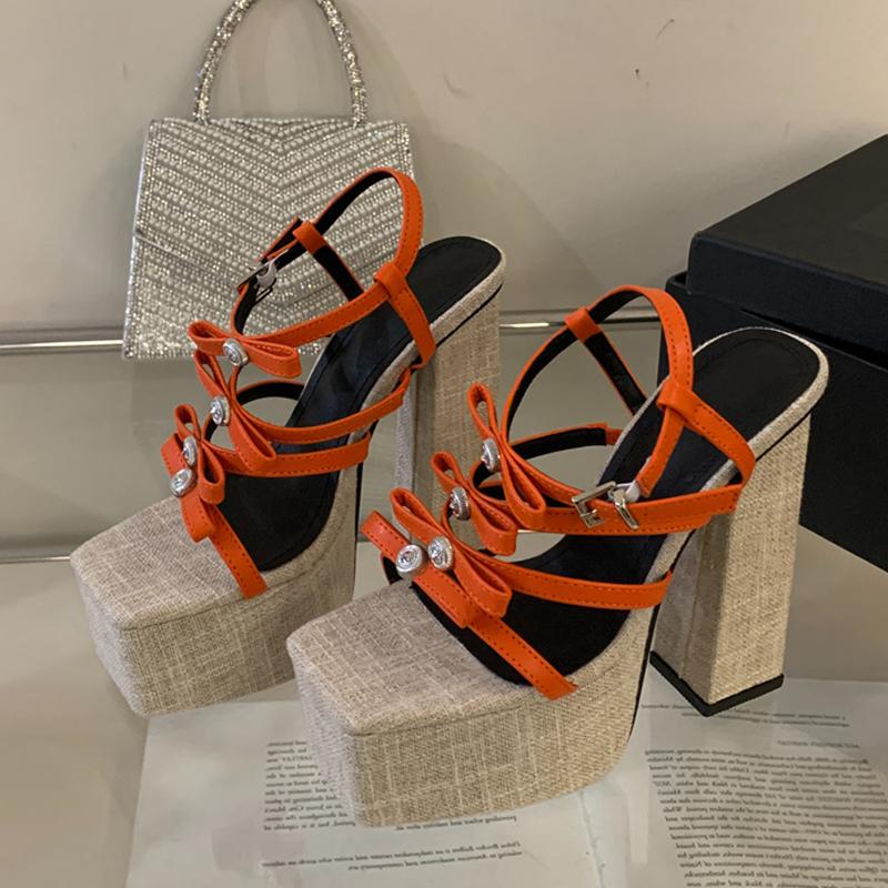 Liyke Fashion Design Crystal Metal Bowknot Women Platform Sandals Wood Thick Bottom Square Toe Super High Heels Party Prom Shoes