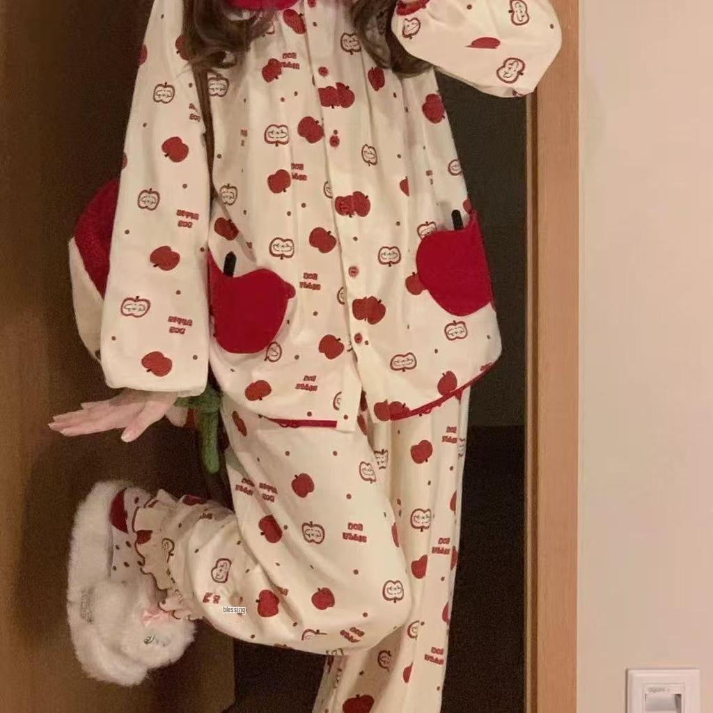 A Bao Xi Imitation Cotton Korean Style Red Pajama Set - Long Sleeve, Sweet Christmas/New Year Home Wear
