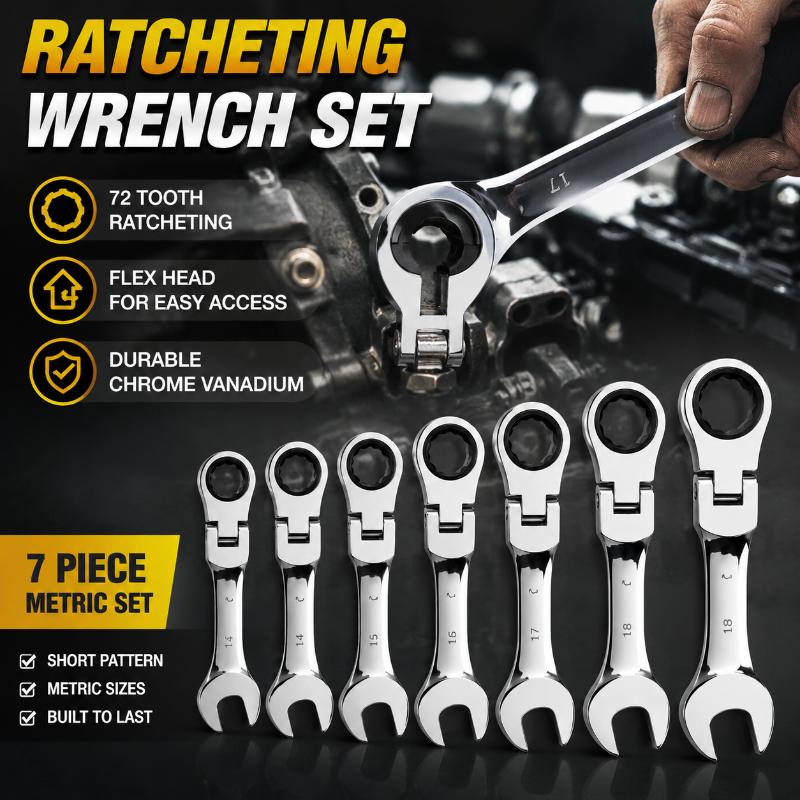 Short Handle Ratchet Wrench Cr V Steel Metric Flexible Open Ring Spanner Labor Saving Hand Tool For Auto Mechanical Repair