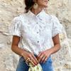 Bluzka z krótkim rękawem z koronki High Street Puff, modna, do pracy, koszula z wycięciem pod szyją, t-shirt, dojazdy do pracy, damska, z okrągłym dekoltem, jednolita, żakardowa bluza