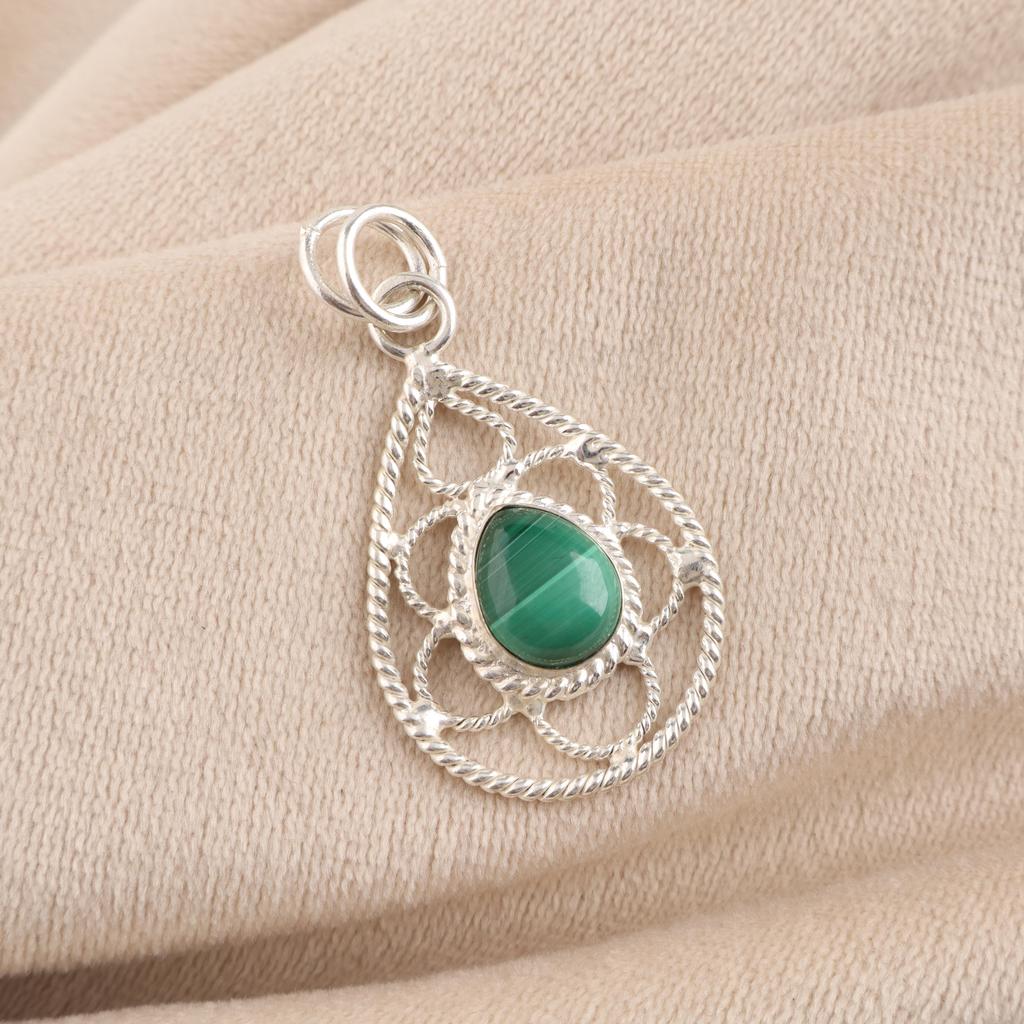 Malachite Gemstone 925 Sterling Silver Handcrafted Pretty Pendant 1.40" For Gift PP-19-17