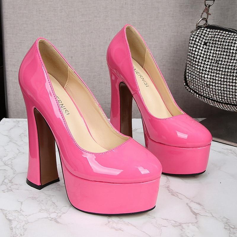 Kadın Rugan Yüksek topuklu ayakkabılar Bayan Su Geçirmez Platform Yüksek Topuklu Kadın Yuvarlak Ayak Kalın Topuk Tek Ayakkabı Kadın Ofis iş ayakkabısı OL Ayakkabı