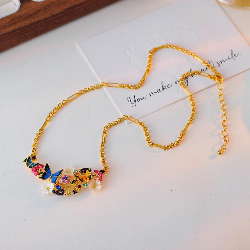 

Hand-Painted Enamel Necklace with Romantic Butterfly and Floral Design for Women